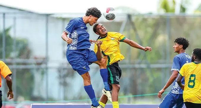 Fiji Under-19 defender Sterling Vasconcellos heads the ball away against Vanuatu in the OFC U19 Championship in Apia, Samoa, on July 11, 2024. Photo: OFC