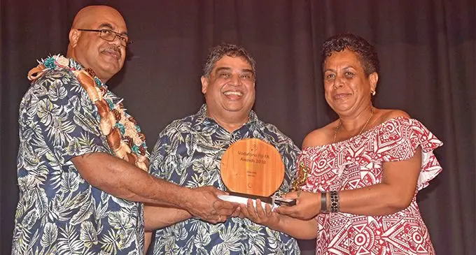 From left; Permanent Secretary for Youth and Sports, Maritino Nemani, Fiji FA president Rajesh Patel and Fiji FA Women’s director Susan Wise during the awards night on March 2, 2019. Photo: Waisea Nasokia