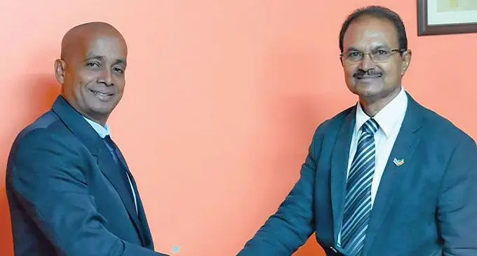 Sugar Research Institute of Fiji chief executive officer Vinesh Kumar (left), with Fiji’s High Commissioner to India, Jagannath Sami in Lautoka on May 3, 2024.