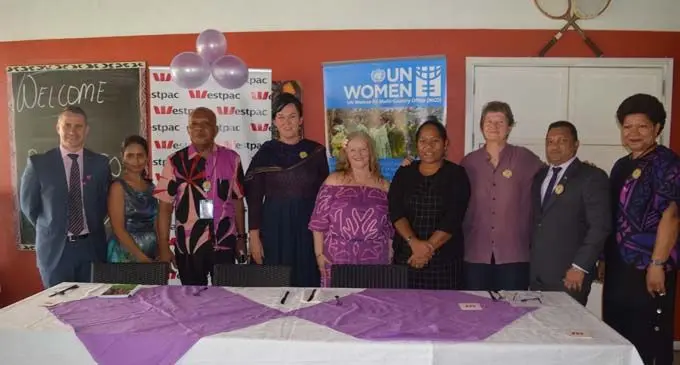 From left: Westpac general manager Brett Hooker, Ministry of Health and Medical Services Permanent Secretary Susan Kiran, Permanent Secretary for Women, Children and Poverty Alleviation Josefa Koroivueta, Representative UN Women, Fiji Multi Country office Aleta Miller, Permanent Secretary for the Civil Service Bernadette Welch, Permanent Secretary for Employment, Productivity and Industrial Relations Salaseini Daunabuna, Permanent Secretary for Education, Heritage and Arts Alison Burchell, Permanent Secretary for Public Enterprises Jitendra Singh, and Microfinance and Women's Market senior manager, Eseta Nadakuitavuki during the Westpac International Women's Day Celebration on March 8, 2018. Photo: Ministry of Women and Poverty Alleviation