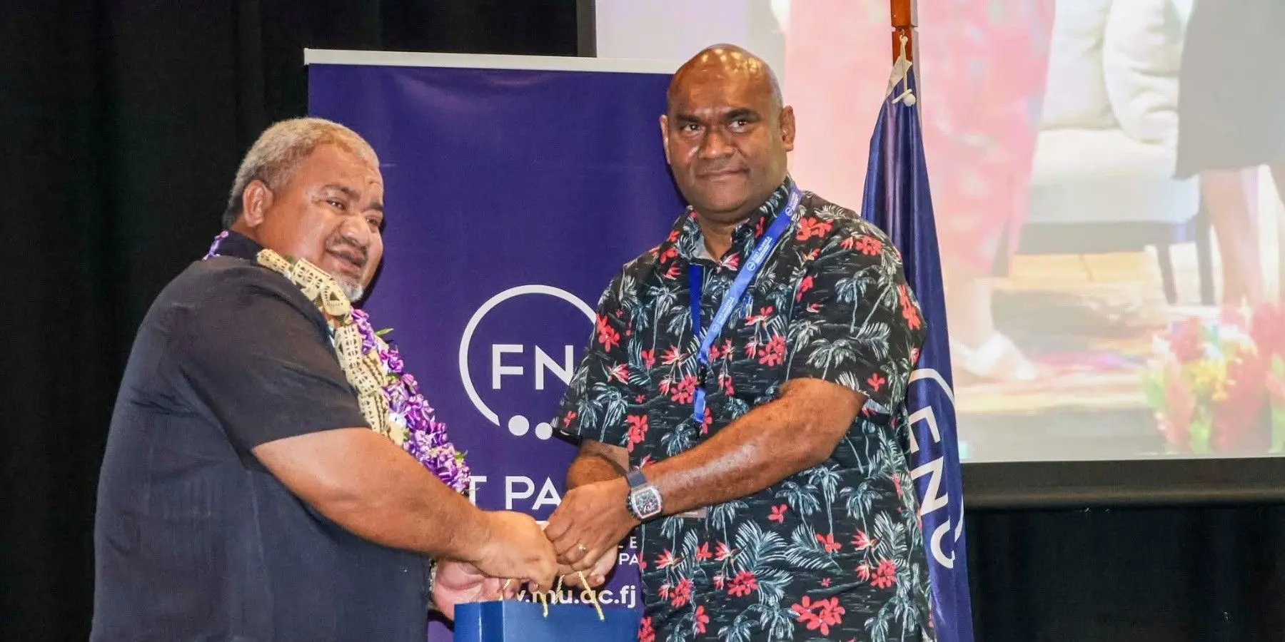 Technical and Vocational Education and Training (TVET) pro vice-chancellor Isimeli Tagicakiverata, with the Minister of Youth and Sports Jese Saukuru, at the Fiji National University (FNU) National TVET Forum 2026 in Nadi. 