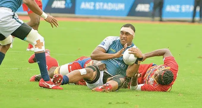 Nadi lock Vilikesa Boletawa claims possession against Namosi at the ANZ Stadium, Suva, on.October 24, 2020. Nadi won 22-21. Photo: Ronald Kumar