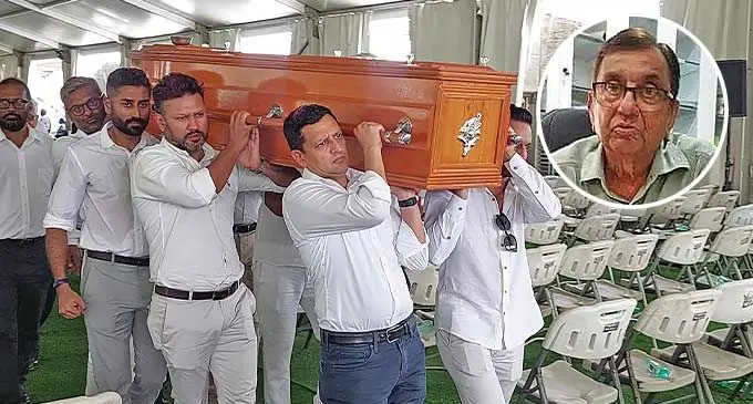 Family members of the late Vinod Chandra Patel carry the casket out of the Vinod Patel ground in Ba on January 9, 2024. Inset: The late Vinod Chandra Patel. Photo: Salote Qalubau