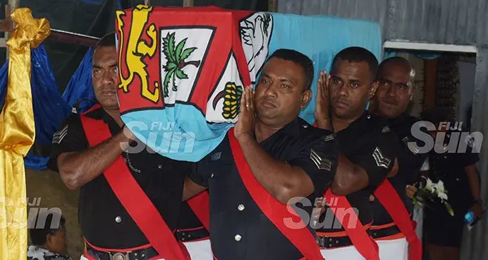 Police pallbearers  carry  Late Constable Siuta Niumataiwalu’s casket  from his home to Evergreen AOG Church in Nasinu for funeral service on October 26, 2019. Photo: Ronald Kumar.