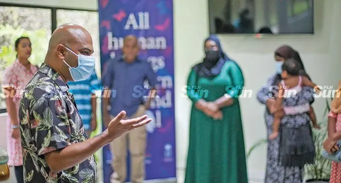 Fiji Human Rights and Anti-Discrimination Commission director Ashwin Raj addresses victims at his office on January 31, 2022. Photo: Leon Lord