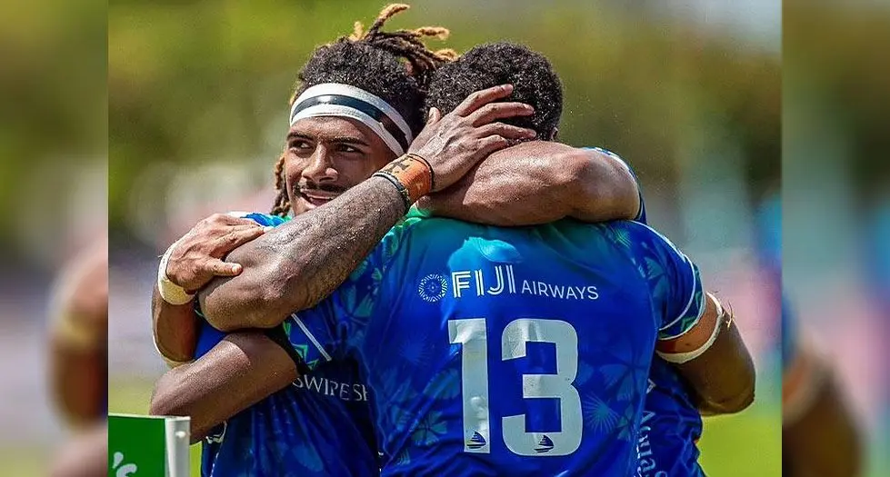 Swire Shipping Fijian Drua winger Selestino Ravutaumada hugs Iosefo Masi (13) after the close 39-36 win over NSW Waratahs at Lautoka’s Churchill Park on March 23, 2024. Photo: Fijian Dua