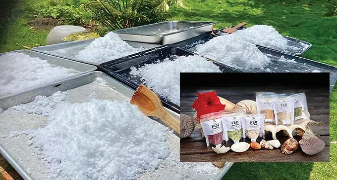 The salt making process at Viani-Bay. Inset photo: Bottled Fiji Sea Salt.