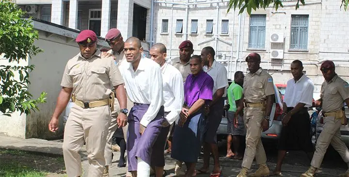 Escapees Peniasi Qalibau, Solomoni Qurai, Josaia Usumaki and Filipe Delana outside the Magistrate Court in Suva on January 25, 2019. Photo: Simione Haravanua