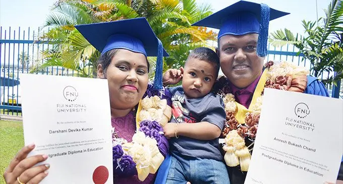 Couple Darshani Kumar and Amresh Chand share the joy of graduation with son Davansh Chand following their Fiji National University graduation ceremony on September 30, 2022. Photo: Ronald Kumar
