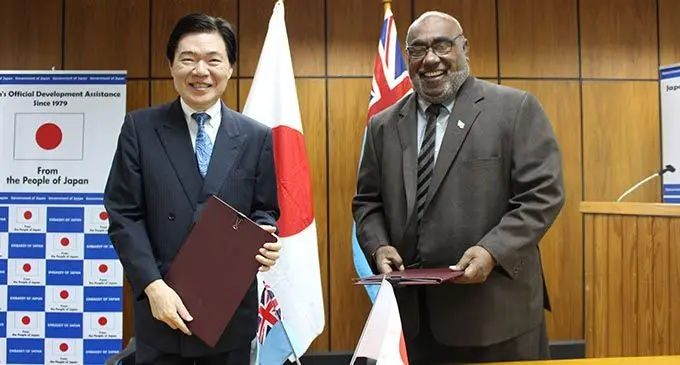 Minister for Fisheries Semi Koroilavesau (right) with the Ambassador of Japan to Fiji, Masahiro Omura in Suva on February 25, 2020.  Photo: Ministry of Fisheries