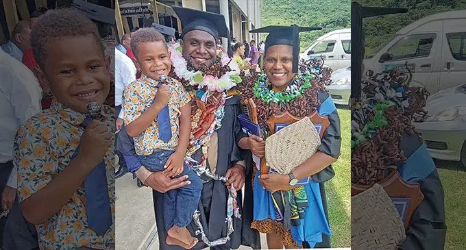 Fulton Adventist University College graduate Delmay Wilson with her husband Wilson Hosea and son Alexjay Hosea Wilson afterthe graduation ceremony at the Sabeto, Nadi campus on November 27, 2022. Photo: Salote Qalubau