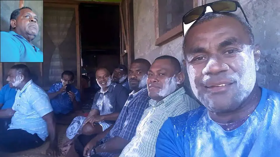 Members of the Nadroga Players Association visits Peniasi Damu (inset), at his home in Namatakula Village.  Photo: Nadroga Rugby  