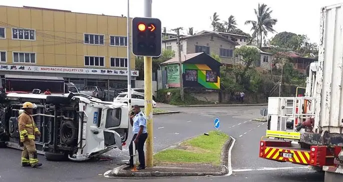 The tumbled ambulance in Samabula today.