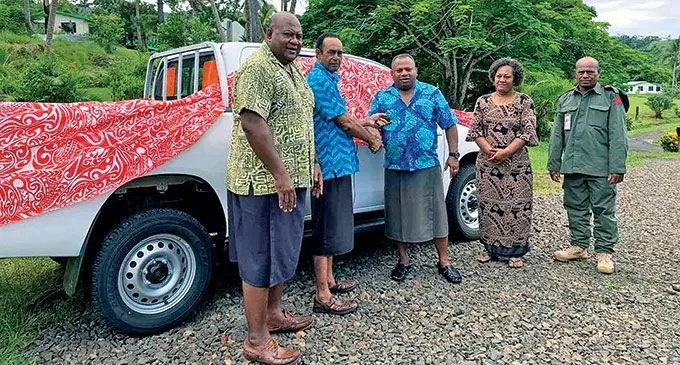 From left: Roko Tui Bua Waisake Tuisese, Provincial Administrator Bua Jone Manueli, Minister for Defence, National Security and Policing, Rural and Maritime Development and Disaster Management Inia Seruiratu, Assistant District Officer Lekutu Temalesi Satini and military officer Sergeant Ratu Cove during the handing over vehicle at Nabouwalu in Bua on March 20, 2022. Photo: Ministry of Defence, National Security and Policing, Rural and Maritime Development and Disaster Management.