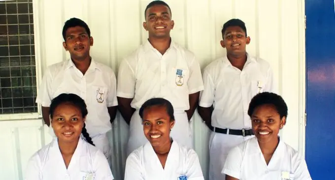 Suva Sangam College student leaders (standing from left) deputy head boy Subhal Chand, head boy Pita Qiolevu, and deputy head boy Vinal Prasad. (Sitting from left): Deputy head girl Ruta Meteka, head girl Sera Camaitoga, and deputy head girl Olivia Bairo after the induction ceremony on February 12, 2019. Photo: Mereleki Nai