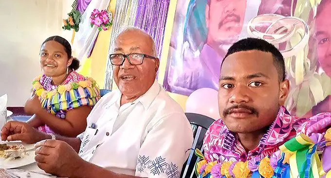 Peni Sokia (right) with his wife Elina Tavusoro and the Nakusarau clan leader Etuate Kautoga during the wedding celebration at Natalecake Village in Ba on June 3, 2022.