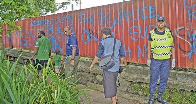 While Police together with Civil servants had clean up the Nanuku and Vidogo squatter settlement in Vatuwaqa this was the message they had to see written on walls about Police on May 13, 2020. Photo: Ronald Kumar.