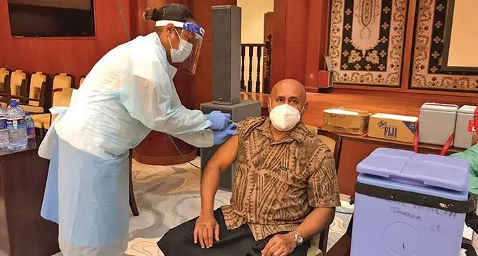 Suva and Lami special administrator chair Isikeli Tikoduadua recieves his shot of the AstraZeneca vaccine at the Suva Civic Centre on June 10, 2021. Photo: Inoke Rabonu
