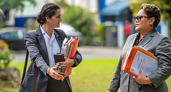 Defence lawyer Gul Fatima, with acting Director of Public Prosecution Nancy Tikoisuva outside the Suva Magistrate’s Court on August 27, 2024. Photo: Leon Lord