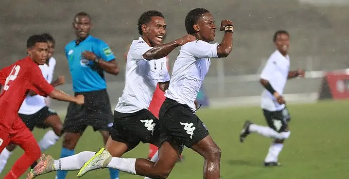 Junior Bula Boys’ Jacob Seninawanawa celebrates after scoring Fiji’s first goal against Tonga during the Oceania Football Confederation (OFC) Under-17 championship at the HFC Bank Stadium, Suva on January 18, 2023. Photo: Fiji FA Media