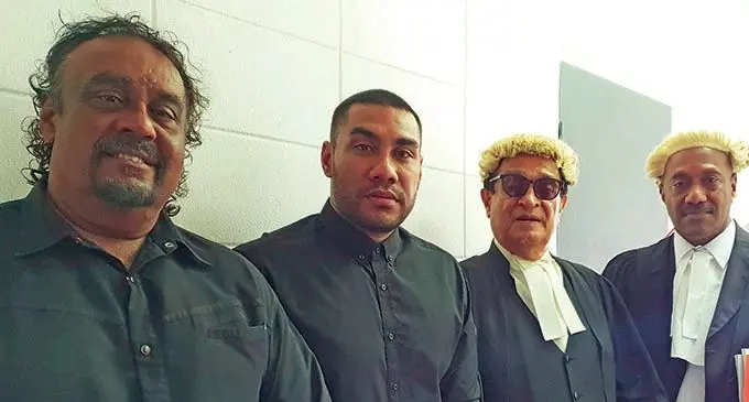 From left: Cecil James (Justin Ho’s father), Justin Ho, defence lawyer Iqbal Khan and his co-counsel, Filimoni Daveta, at the High Court in Lautoka on December 8, 2020.   Photo: Nicolette Chambers