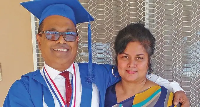 University of Fiji Gold medalist and Master of International Relations and Diplomacy graduate Jagath Karunaratne with his wife Radhika Karunaratne on May 27, 2022. Photo:  Salote Qalubau  