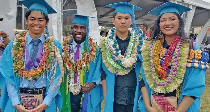 Taichi Vakasama, Jowetto Gumizama, Tony Chan and Simran Sweta Lal after their graduation at the University of Fiji in Saweni, Lautoka, on November 29, 2024. Photo: Mereleki Nai