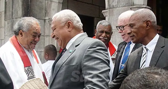 Prime Minister Voreqe Bainimarama with former President of the Methodist Church in Fiji and Rotuma Reverend Epineri Vakadewavosa and the new president Reverend Ili Vunisuwai at the Centenary Methodist Church in Suva on February 28, 2021. Photo: Kelera Sovasiga