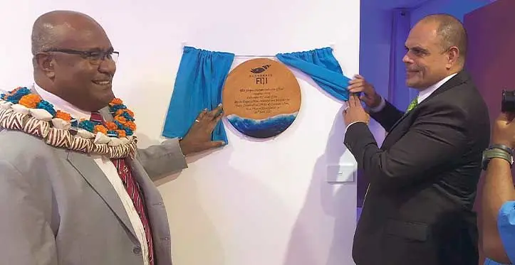 Deputy Prime Minister and Minister for Trade, SMEs and Communications, Manoa Kamikamica and business processing outsourcing (BPO) council president, Craig Strong at the opening of the Outsource Fiji office at Garden City, Suva, on June 26, 2023. Photo: Josefa Babitu