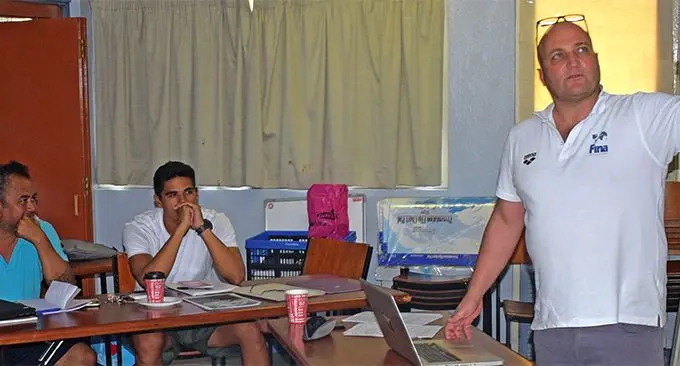 Federation Internationale de Natation (FINA) lecturer John Stathis(right) conducts training for Fiji Swimming coaches and swimmers in Suva on March 9,2019. Photo: Ronald Kumar