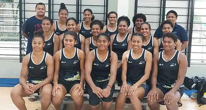 The Fiji Pearls team and officials after their traning at the Vodafone Arena, Suva, on July 13, 2022. Back (from left): Pau Vakawaletabua (physiotherapist), Vilisi Tavui, Kelera Nawai, Nina Cirikisuva, Ema Mualuvu and head coach Unaisi Rokoura. Middle (from left): Ateca Qasenivalu, Maria Lutua Rusivakula (vice captain), Avelina Navue, Afa Rusivakula, Vakaoca Vulakoro and Maliana Rusivakula. Sitting: Talei Waqainabete, Jimaima Kete, Kalesi Tawake, Unaisi Rauluni and captain Alisi Naqiri. Photo: Sereana Salalo