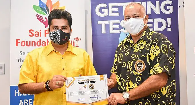 From left: Sai Prema Foundation Fiji’s Director Sumeet Tappoo with the Suva Golden Oldies Rugby Club President and Trustee Mason Smith after signing a Memorandum of Understanding on September 23, 2021. Photo: Sai Prema Foundation