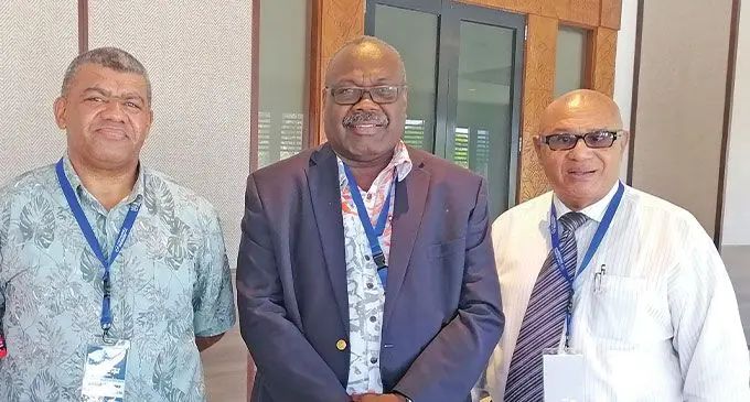 From left: Irimaia Rokosawa, Land Transport Authority chief executive officer, incoming Commissioner of Police Rusiate Tudravu and chair of the Fiji National University council Semesa Karavaki at the Fiji National University conference at the Sofitel Fiji Resort and Spa in Denarau, Nadi on January 17, 2025. Photo: Fiji National University