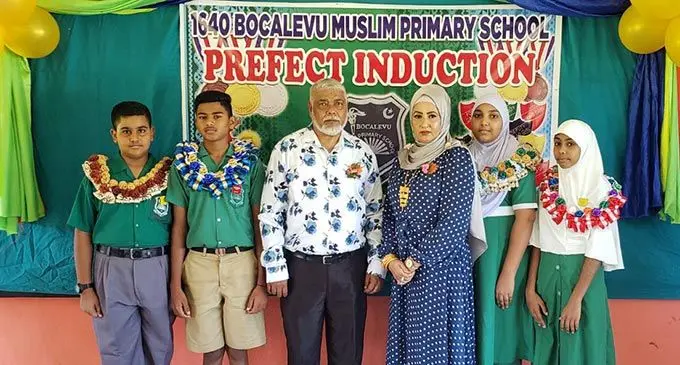 From left: Bocalevu Muslim Primary School deputy head boy Akbar Rahim, head boy Vivek Sami, chief guests Sheik Abdul Basha with his wife Rishana Basha, head girl Sheza Shakeel and deputy head girl Afeefah Nadeela during the prefect induction in Labasa on May 5, 2022. Photo: Bocalevu Muslim Primary School