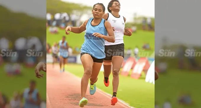 Lomaivuna High School student Makereta Atelaite(left) winning the Tripple N Zone senior girls 800metres final at the HFC Bank Stadium on August 2, 2022. Photo: Ronald Kumar