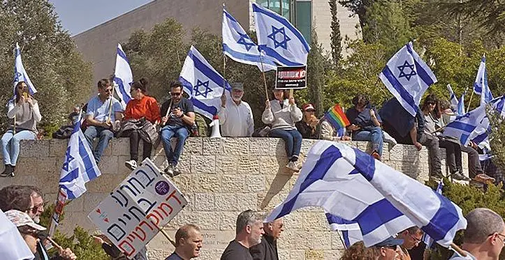 Tens of thousands of Israelis protest for outside the Israeli Knesset, Parliament, against Prime Minister Benjamin Netanyahu’s judicial reform in Jerusalem.
