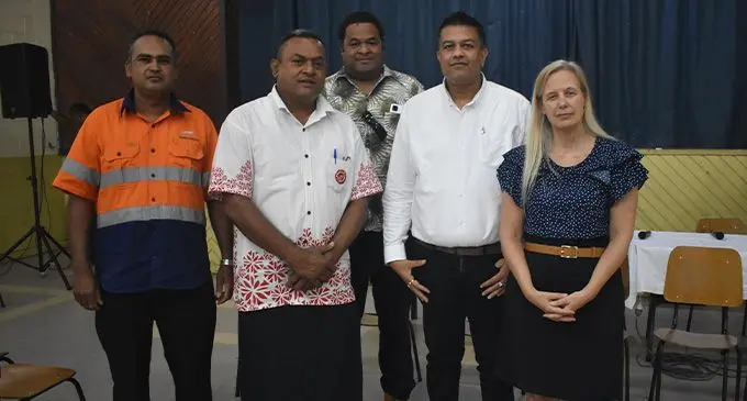 Fiji Roads Authority west subdivision asset manager, Ashneel Narayan, principal town planner west and Department of Town and Country Planning, Aisake Raratabu, Sigatoka Town Council acting CEO, Ratu Meli, Chartered Professional Engineer, Shavin Vikash Chand and Wavefront Panning and Design representative, Janis Fedorowick during the Fiji National Building Code Public Information Sessions at Civic Centre in Nadi. Photo: Mereleki Nai