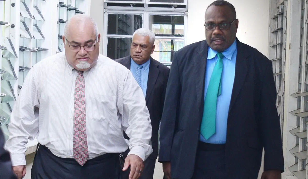 Ratu Epenisa Cakobau (left) followed by Saimoni Waibuta , Deputy Secretary Ministry of I-Taukei Affairs with Tailevu Provincial Council Chairman, Rusiate Tudravu during the council meeting at Nausori Village on March 22, 2019. Photo: Ronald Kumar.