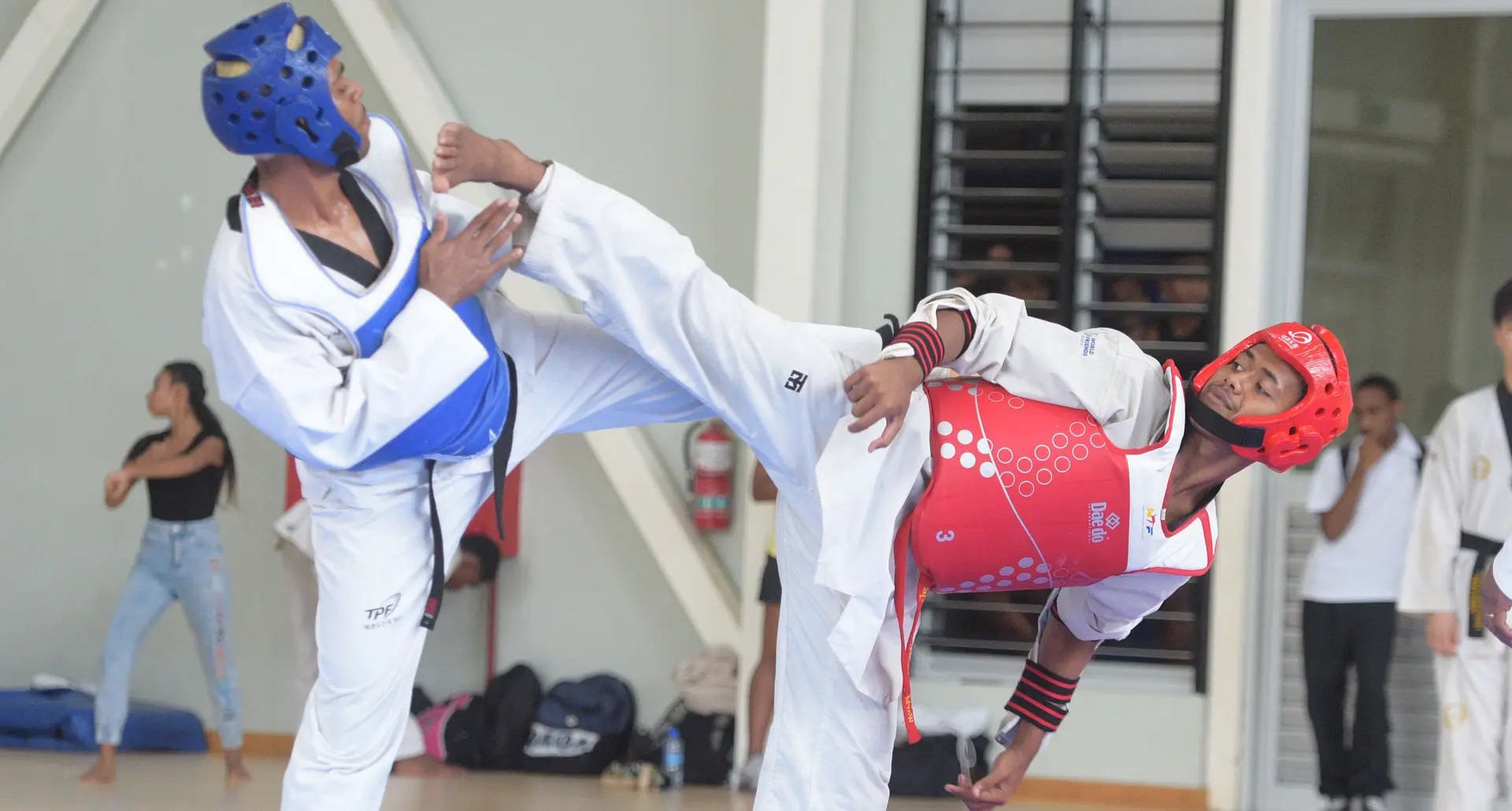 From left, Suliano Bartholomew against Apisai Baleloa during the Fiji Taekwondo trials at Suva’s Vodafone Arena on May 13, 2023. Photo: Ronald Kumar.