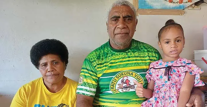 Leone Mocelekaleka with his wife, Mareta Mocelekaleka and grand daughter, Mareta Mocelekaleka in Naodamu, Labasa on June 21, 2023. Photo: Shratika Naidu