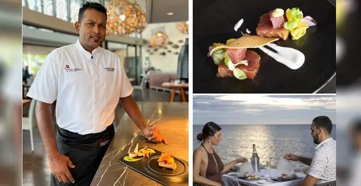 Chef Ritesh Kumar. Top Inset: Part of the menu at Fish Bar, Fiji Marriott Resort Momi Bay. Bottom Inset: A 160-degree view over the Pacific Ocean as you dine at Fish Bar restaurant.