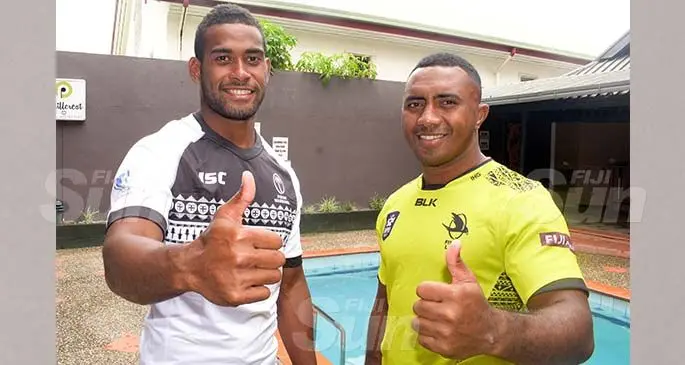 Swire Shipping Fijian Warriors Captain Tuidraki Samusamuvodre (left) and Fijian Latui Captain Serupepeli Vularika after their captains run on March 13, 2020. Photo: Ronald Kumar.