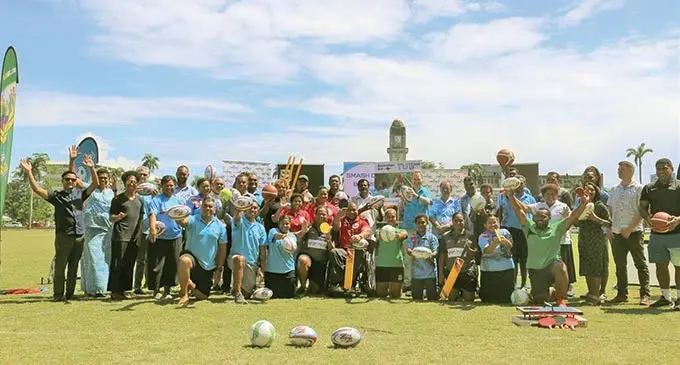 Representatives of all the sporting recipients with the Minister of Youth and Sports Parveen Kumar (back, middle) and Australia’s Deputy High Commissioner Paul Wilson at Albert Park, Suva, on March 4, 2021 .  Photo: Simione Haravanua