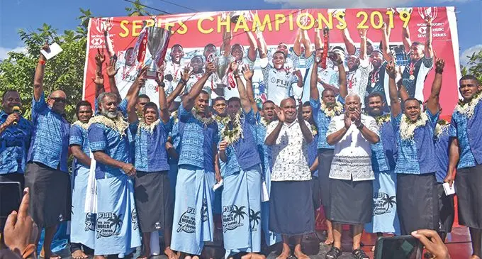 Prime Minister and Fiji Rugby Union president Voreqe Bainimarama (front, third from right), with the victorious 2018/19 HSBC World Sevens Series, London and Paris 7s champions at Nawaka Village in Nadi on June 5. Photo: Nicolette Chambers