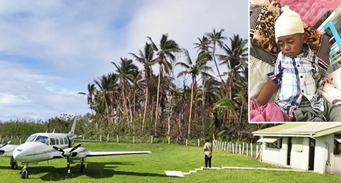 The airstrip at Tarukua Village in Cicia, Lau. INSET: Joseva Delai at the Colonial War Memorial Hospital.