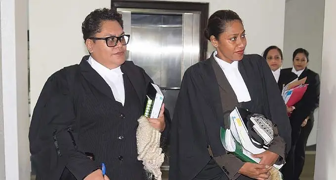 From left: DPP lawyer Nancy Tikoisuva, Acting Assistant Director of Public Prosecution Laisani Tabuakuro outside the High Court in Suva on April 3, 2024. Photo: Ronald Kumar