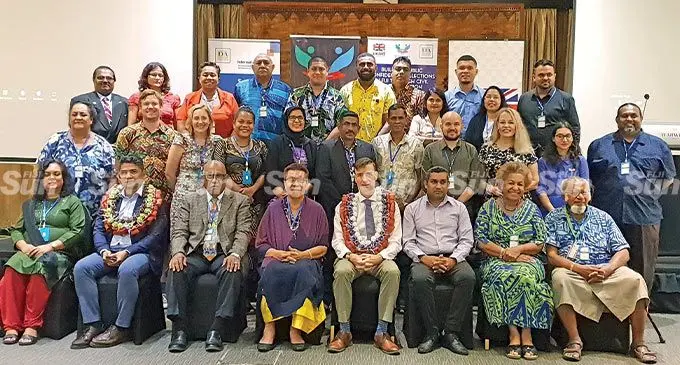 Front row from left: Fiji Labour Party vice president, Monica Raghwan, United Nations Senior Peace and Development Advisor in the Pacific, Agus Wandi, Dialogue Fiji board chair, Nemani Buresova, Soqosoqo Vakamarama i Viti president, Adi Finau Tabakaucoro, the British High Commissioner to Fiji, Brian Jones, Dialogue Fiji executive director, Nilesh Lal, SODELPA rep, Emele Turaga and Dialogue Fiji board member, Akuila Yabaki with the participants at the opening of the dialogue at the Warwick Fiji on April 28, 2022. Photo: Nicolette Chambers