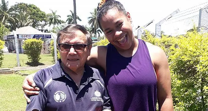 Eileen Cikamatana (right) with her coach Paul Coffa outside the National Fitness centre in Laucala, Suva on December 8, 2022. Photo: Sereana Salalo