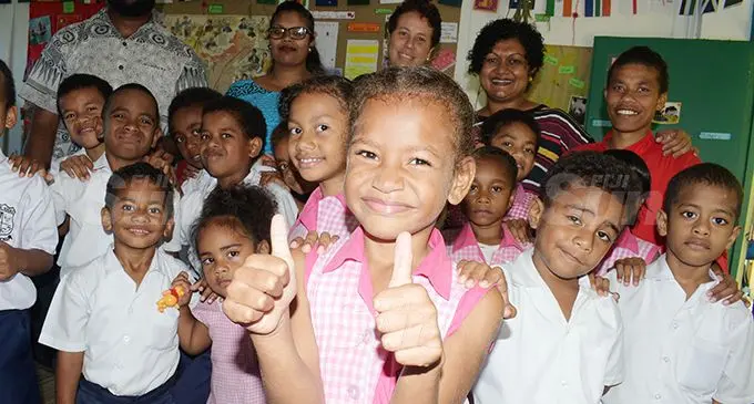 Gospel School for Deaf Year 1 student Nes Natania Damudamu (front), with classmates and teachers in school on September 8, 2020. Nes won the Virtual Constitution Day competition organised by the President’s Office. Photo: Ronald Kumar
