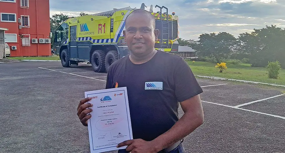 National Fire Authority sub officer commercial training west, Varun Kumar with his certificate on May 24, 2024.  Photo: Waisea Nasokia